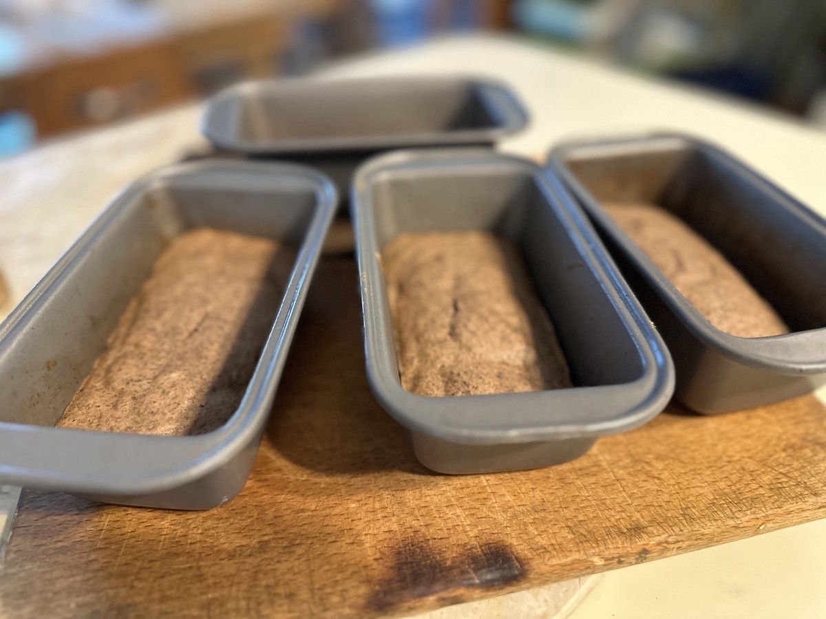 Loaves of acorn bread in baking tins