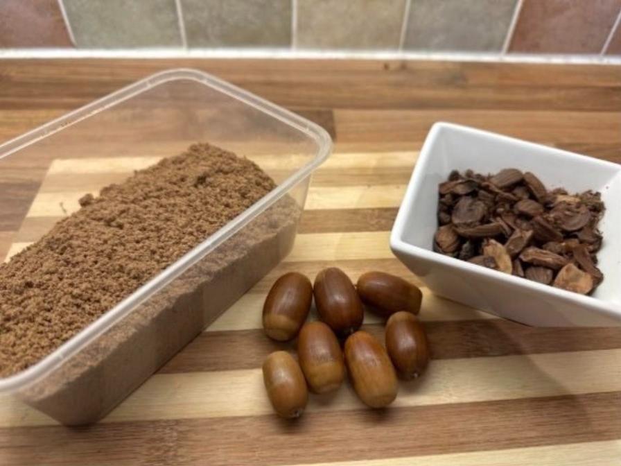 Acorn flour in a tub beside a dish of acorn shells and whole acorns on a chopping board